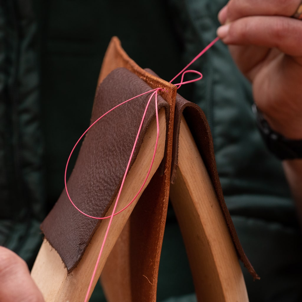 Hand stitching leather